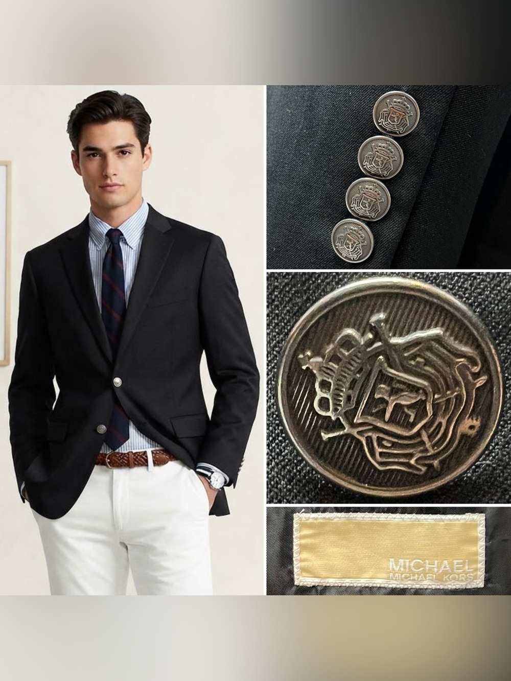 Michael Kors Men’s 48L Black Wool Blend Silver Crest Button Sport Coat Blazer